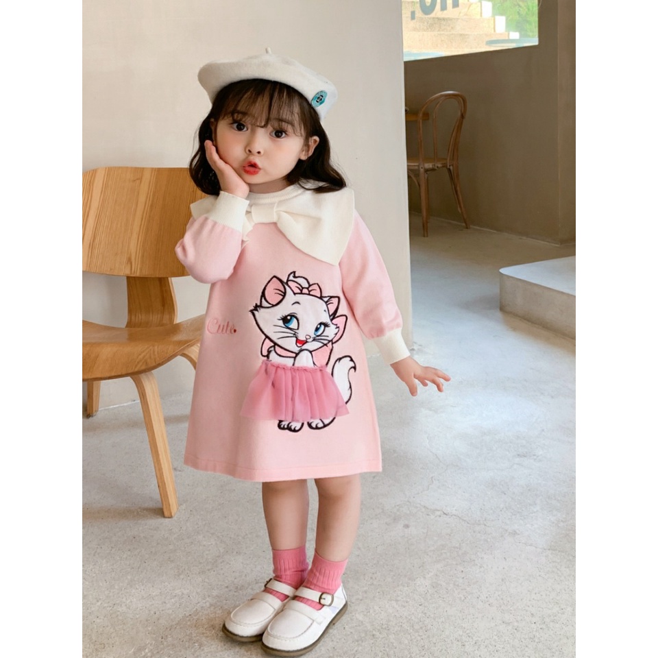Váy bé gái dài tay cổ bèo đính nơ ngực xinh sắn cho bé từ 8-20kg