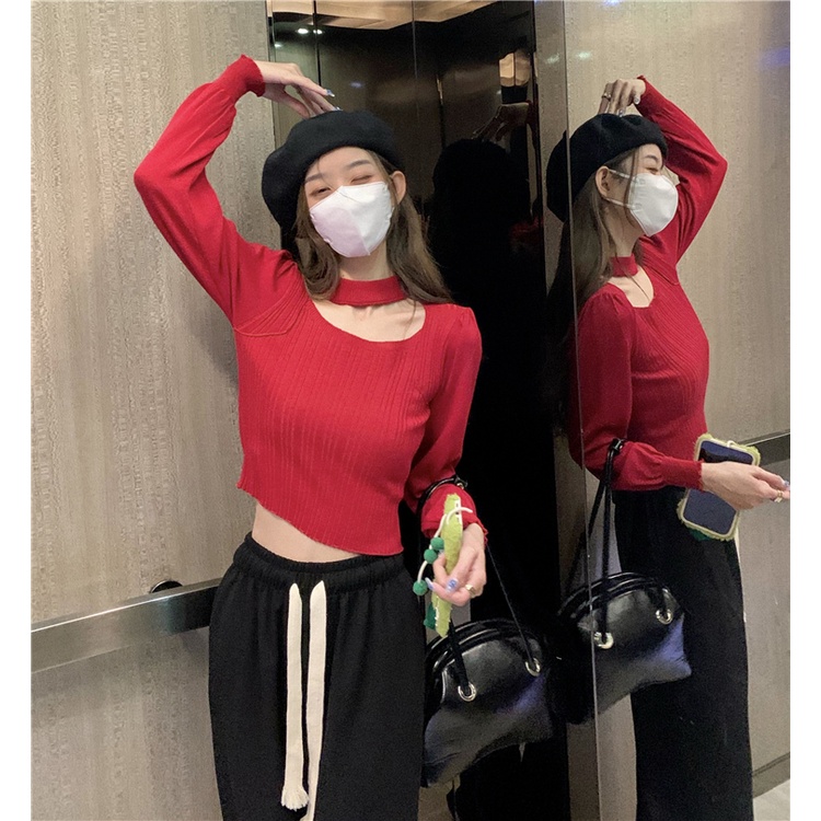 ZHELIHANGFEI Áo Dệt Kim Tay Dài Cổ Vuông Eo Cao Quyến Rũ Dễ Phối Đồ