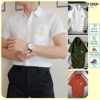 Áo Đũi Nam Cổ Bẻ Thêu Hoa Cúc Áo Sơ Mi Đũi Có Cổ Cộc Tay Túi Hộp