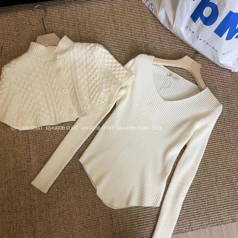 Set áo choàng len và áo len cổ tim body hàng quảng châu GNCM