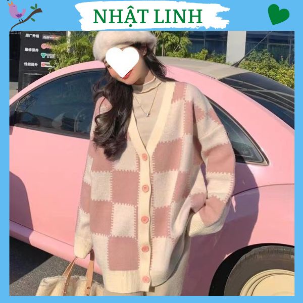 Áo khoác len cardigan form rộng kẻ caro hồng xinh xắn nhẹ nhàng NHẬT LINH - A165