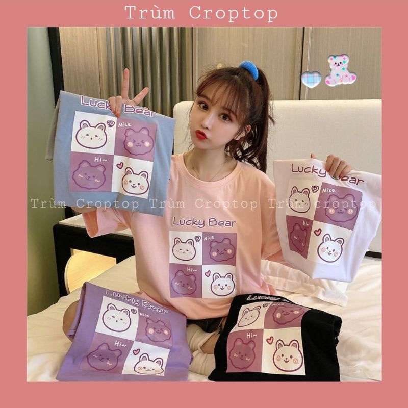 Áo thun tay lỡ in hình Lucky Bear, Áo phông rộng form unisex nhiều màu dễ phối đồ