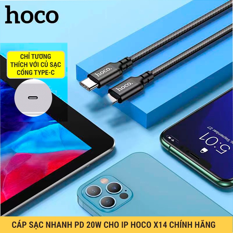 Cáp Sạc Nhanh 20W PD Cho IP8/8P, X/XsMax, 11/12/13/Pro/ProMax, Dây Sạc Hoco X14 Đầu Type-C, Nhanh, Siêu Bền