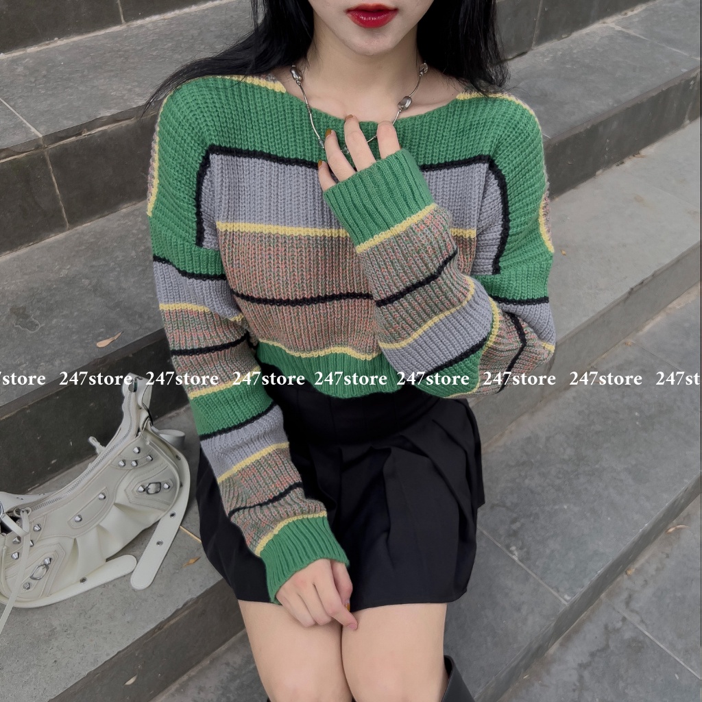 Áo len kẻ xanh croptop mã Aolenkengang1256