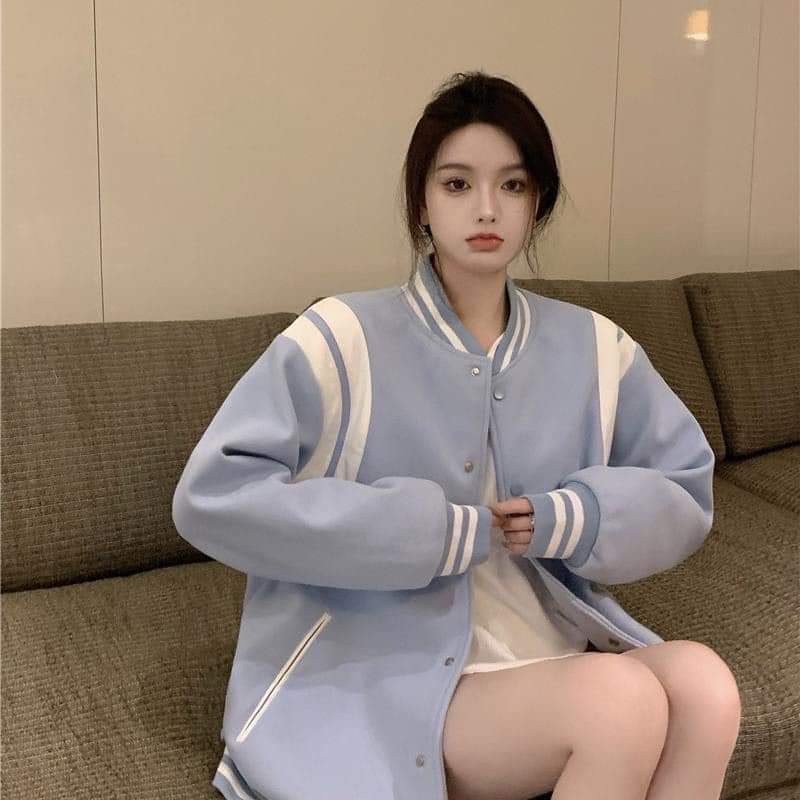 Áo Bomber Teddy Xanh Tay Viền Trắng, Áo Khoác Bomber Xanh Mint Trắng Nỉ