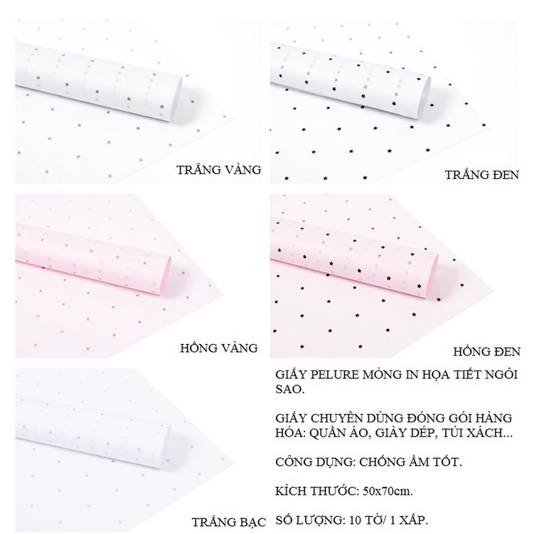 10 TỜ Giấy Pelure Mỏng--Dùng Gói Hàng Hóa, Giấy Lót Trong Hộp Quà-- Chống Ẩm Tốt -- In Họa Tiết Ngôi Sao Nhỏ