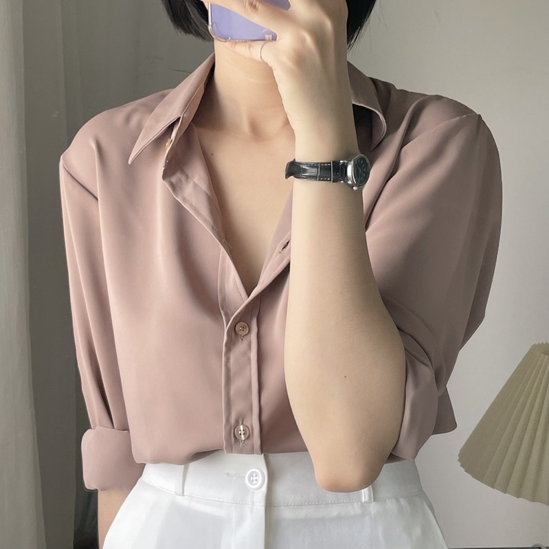 Áo sơ mi nữ màu nâu tây tay dài công sở form rộng kiểu Hàn Quốc mã AV02