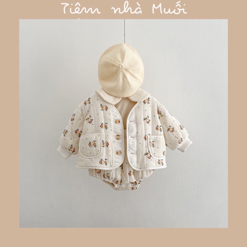 Set áo khoác/yếm/áo cổ sen lót lông (có tách lẻ) hoạ tiết hoa siêu xinh phong cách Hàn cho bé gái 5-13kg