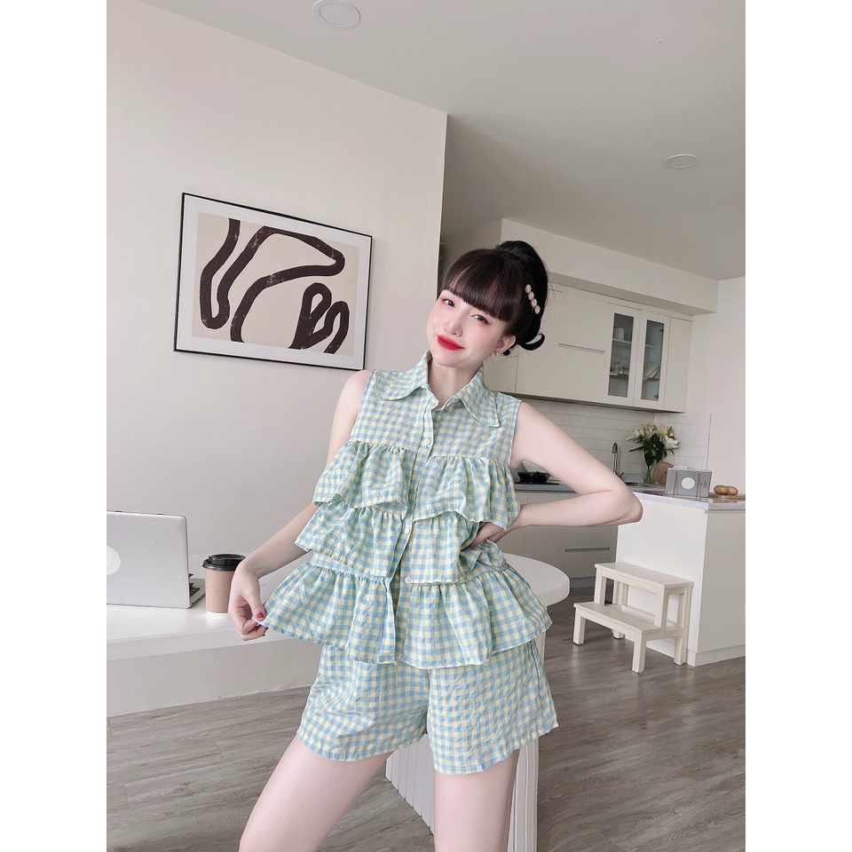 [11.11 Sale Freeship] Set bộ tiểu thư nữ,set đũi xốp áo cổ bẻ tầng mix quần sooc đùi kẻ caro đi chơi dạo phố dễ thương
