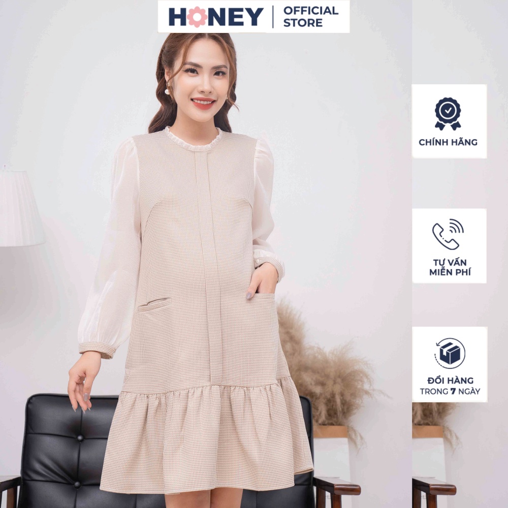 Đầm bầu thiết kế tay dài phối voan tơ cổ trụ có bèo dáng suông đuôi cá- thời trang đầm bầu cao cấp honey