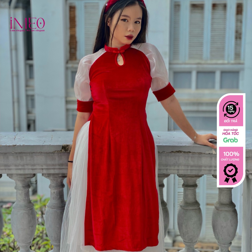 Áo dài cách tân, áo dài truyền thống cách tân chất nhung cao cấp màu đỏ tươi đỏ đô ao dai IMEO