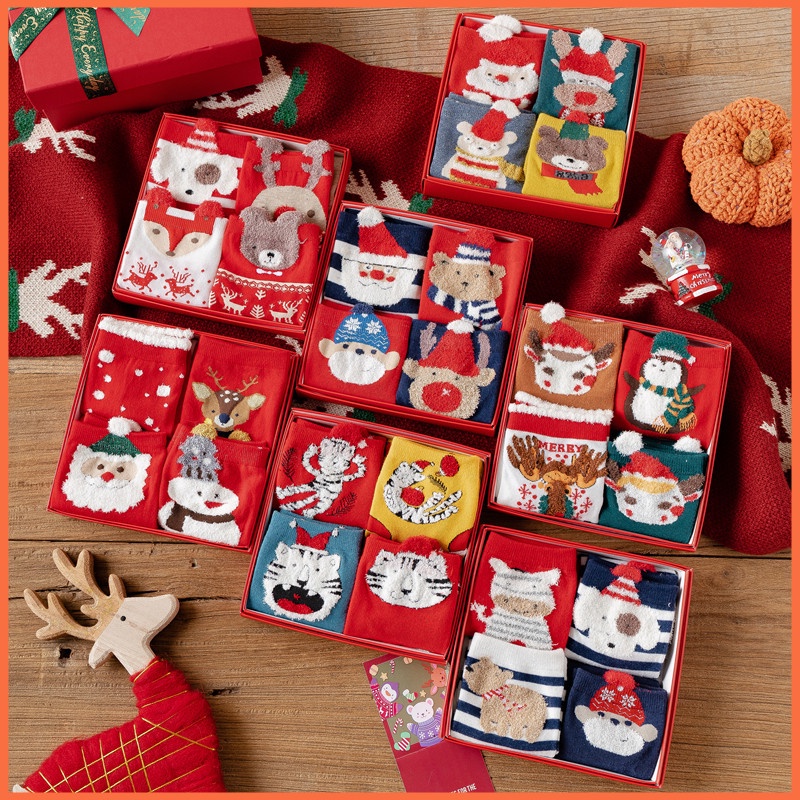 Set 4 đôi vớ WAFNHA màu đỏ họa tiết Giáng Sinh năm mới thời trang dành cho nữ