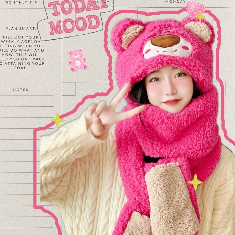 Bộ Nón Khăn Choàng Găng Tay Nón Giữ Ấm Mùa Đông Hình Gấu Dâu Hoạt Hình Đáng Yêu