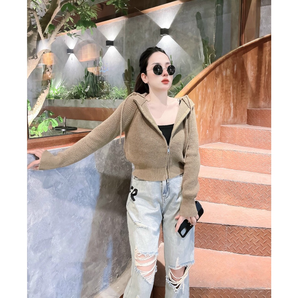 Cardigan Nữ Có Mũ, Áo Khoác Len Kéo Khoá Hàng Quảng Châu