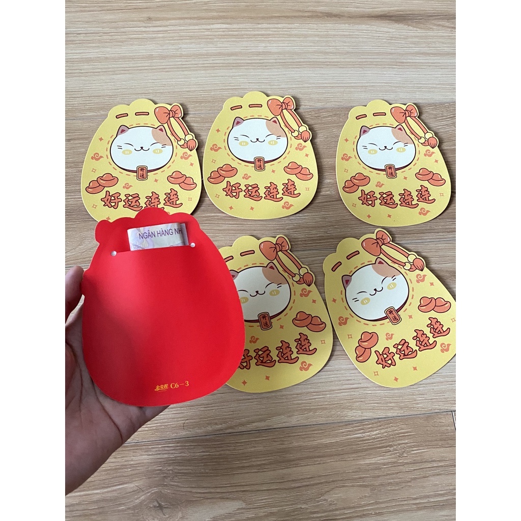 Combo 6 bao lì xì tết - Bao lì xì ép nhũ kim cao cấp mèo thần tài Vàng Kim - có sẵn tại HCM
