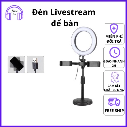 Đèn Livestream để bàn, Tích Hợp Giá Đỡ 2 Điện Thoại Có 3 Chế Độ Sáng, Kẹp Điện Thoại Để Bàn Quay Video Có Đèn Led 3 Màu