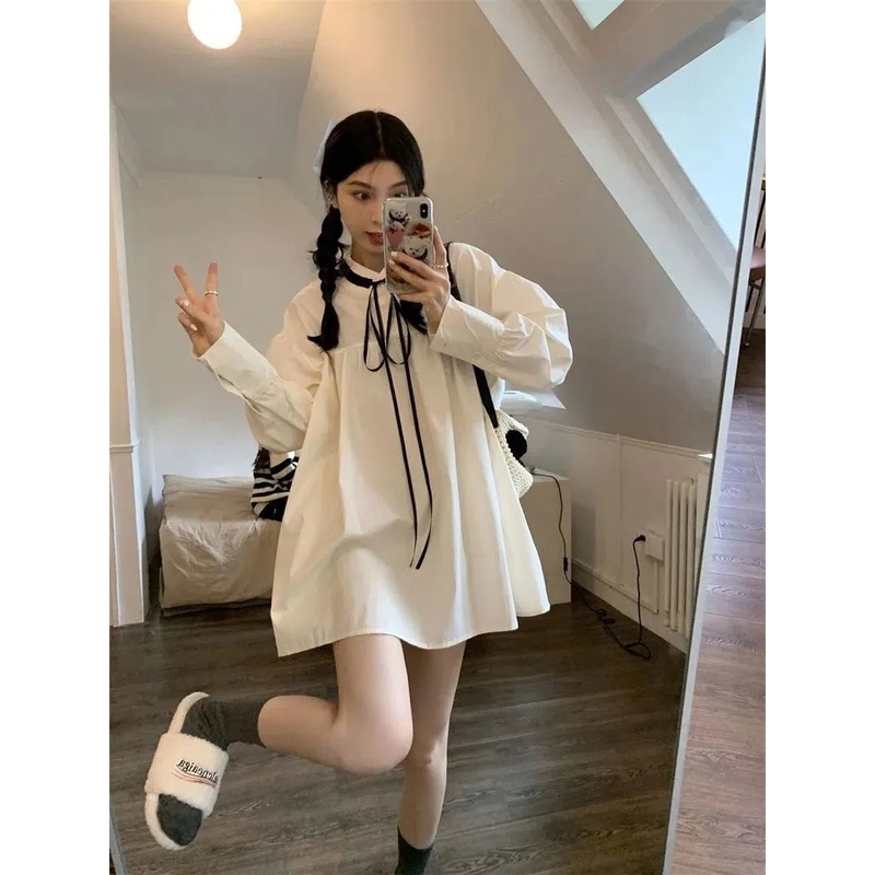 Đầm Búp Bê Tay Dài Cột Dây Dễ Thương Xinh Xắn Dành Cho Nữ