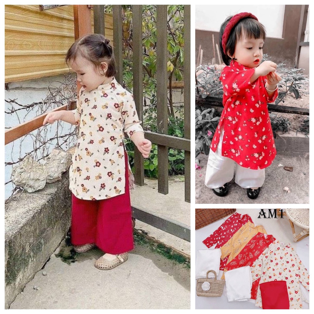 (9-22kg) Áo dài bé gái hoa nhí Áo dài Tết QATE857 TB187