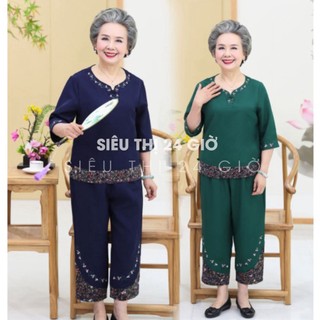 Đồ bộ trung niên mặc nhà tay lỡ bigsize cho bà cho mẹ Siêu thị 24 giờ họa tiết thêu hoa văn phối màu ĐBH.21