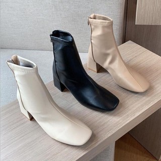 Giày Boot nữ cổ thấp mũi vuông da mềm đế vuông cao 5cm thời trang Hàn Quốc - Génial Shoes