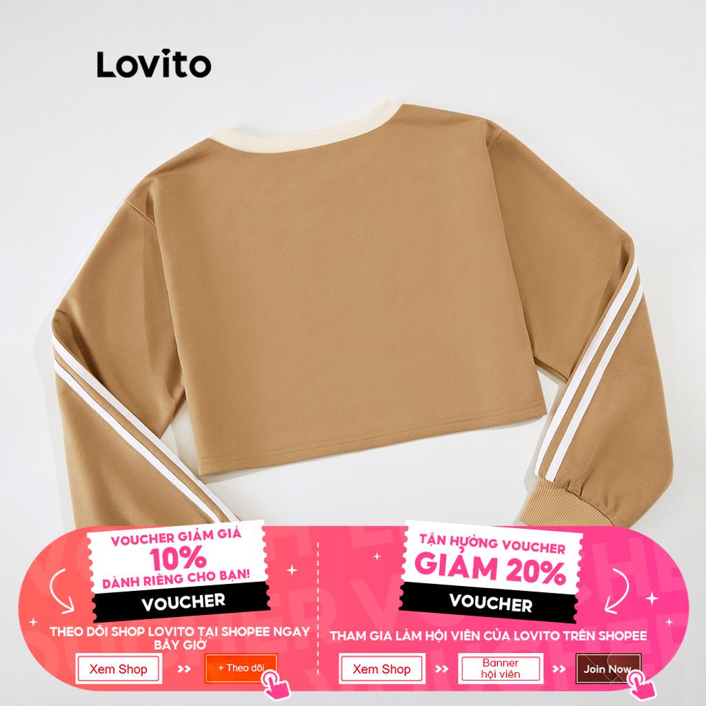 Lovito Bình thường Áo thun nữ cổ tròn có cổ tương phản Băng dài tay áo phông L36AD025 (Kaki nhạt)