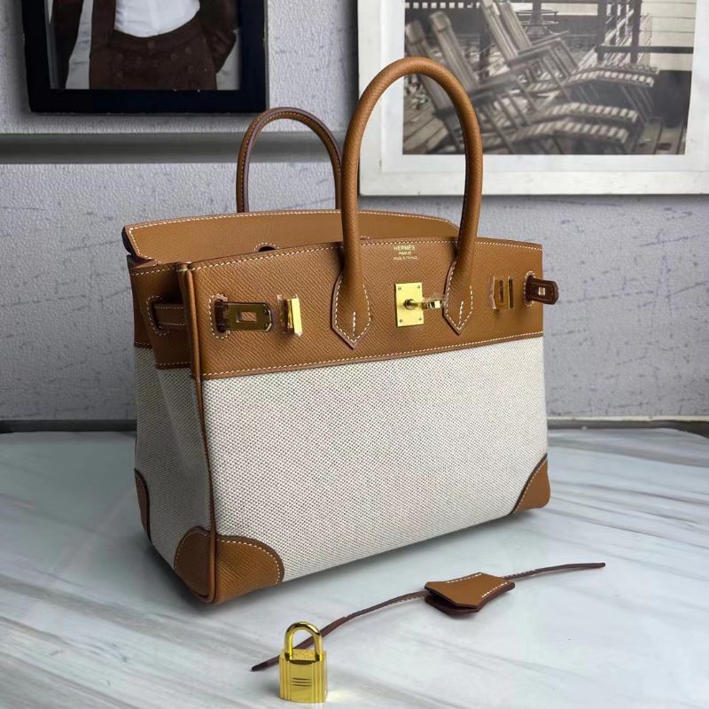 Túi Xách HM Birkin da pháp kết hợp vải canvas