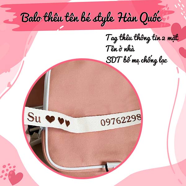 Balo Thêu tên bé theo yêu cầu phiên bản Hồng, nâu, kem