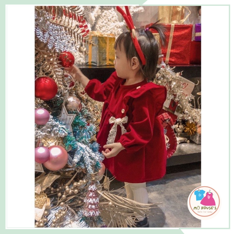 Váy thiết kế tay bồng, váy nhung đỏ đính nơ xinh xắn cho bé gái đi học, đi chơi từ 8kg đến 24kg VBG10