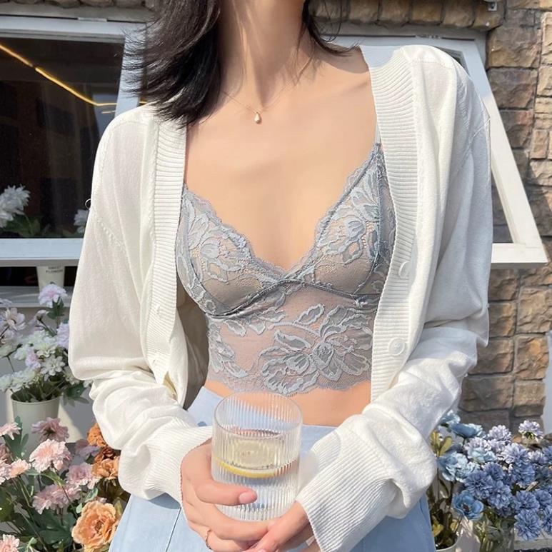 Áo Bra Nữ Ren 2 Dây Mảnh Cổ V Dáng Lửng Wannale Có Đệm Ngực Trend Mới 9002