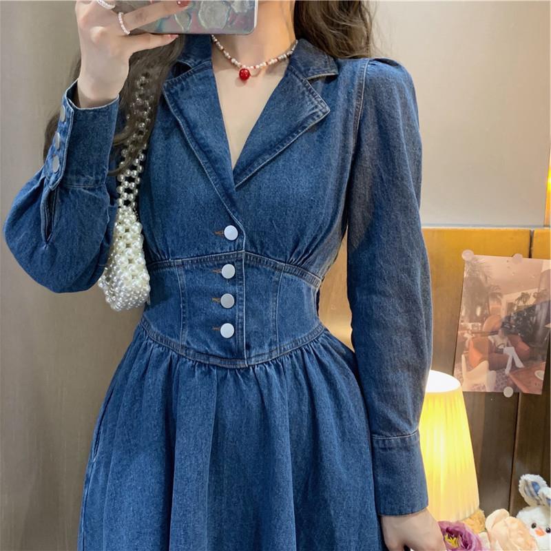 Plus Đầm Denim Cao Cấp Phong Cách Hoàng Gia Thời Trang Xuân Thu 2022 Dành Cho Nữ Có Size Lớn