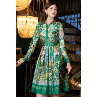 Váy sơ mi lụa họa tiết, chân xòe thắt đai 2VA0038 HESTIA DESIGN