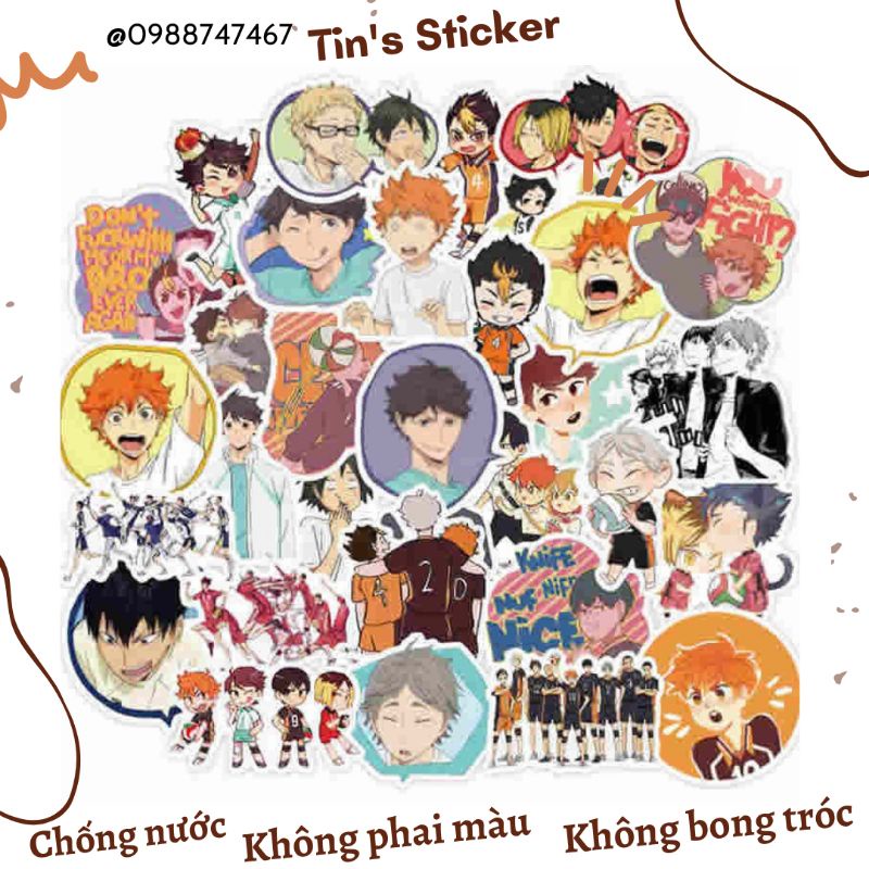 Set combo 50 miếng dán sticker hoạt hình anime Vua bóng chuyền Haikyuu chống thấm nước dán nón mũ bảo hiểm laptop vali
