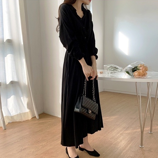 Đầm SUXI dáng chữ A tay dài màu sắc đơn giản thời trang Hàn Quốc dành cho nữ