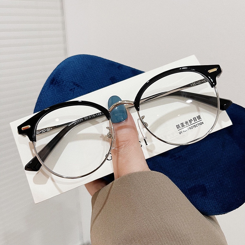 Gọng kính cận nữ nam cao cấp phong cách Hàn Quốc mắt kính không độ râm mát tròn ngố chống tia UV hit hot đẹp HANASO 113