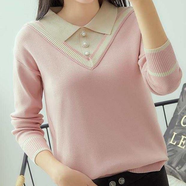 Áo Sweater Dệt Kim Tay Dài Dáng Rộng Cổ Búp Bê Giả Hai Lớp Thời Trang Thu Đông Cho Nữ