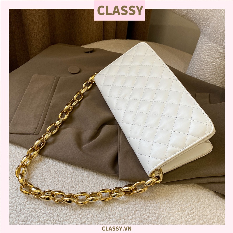 TÚI KẸP NÁCH nữ Classy CLASSIC, HÌNH HỘP VUÔNG HOẠ TIẾT CHẦN Ô, KHÓA XÍCH VÀNG TO BẢN RẤT SANG T594