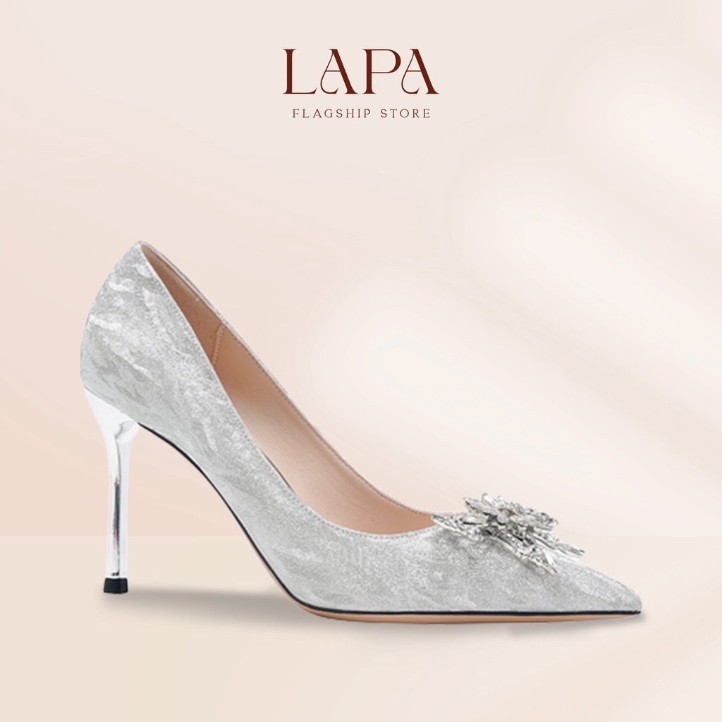 Giày cao gót nữ slingback LAPA mũi nhọn đính đá màu bạc 9cm - LP028