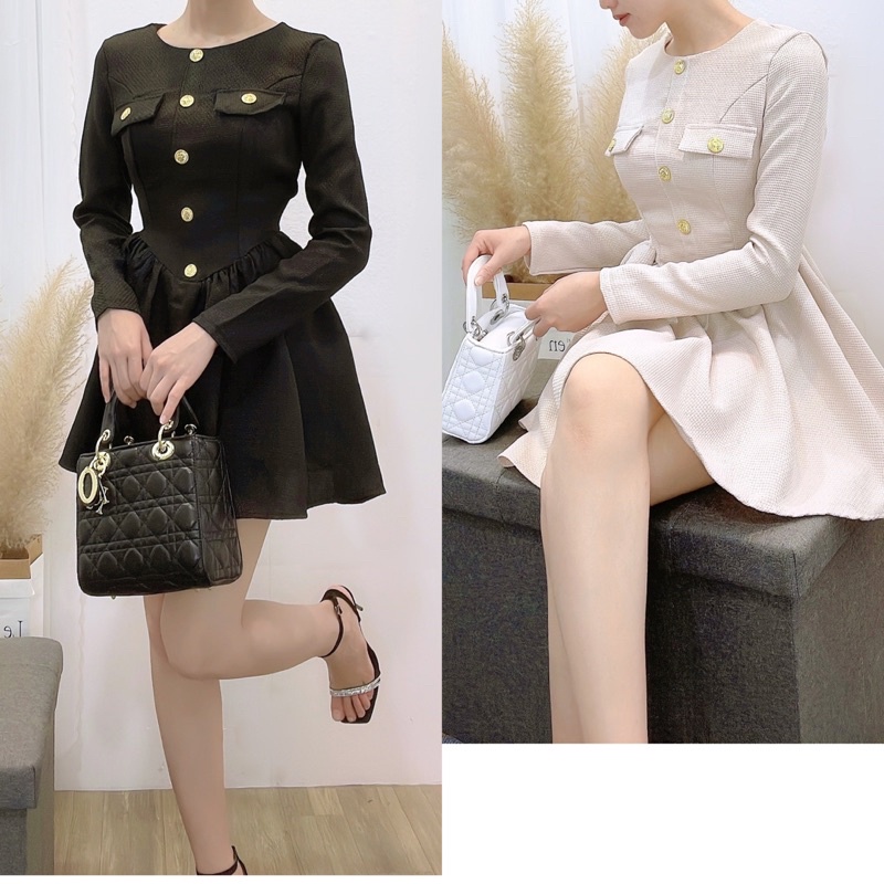 Đầm dạ tay dài xòe  bồng tôn dáng 4 màu trắng, đen, xanh, hồng.