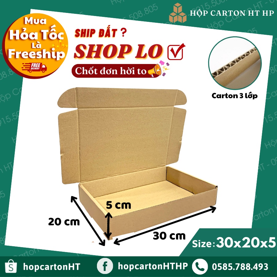 Hộp carton 30x20x5 nắp gài, thùng bìa giấy cod nắp cài gói hàng quần áo, quà tặng handmade giá rẻ
