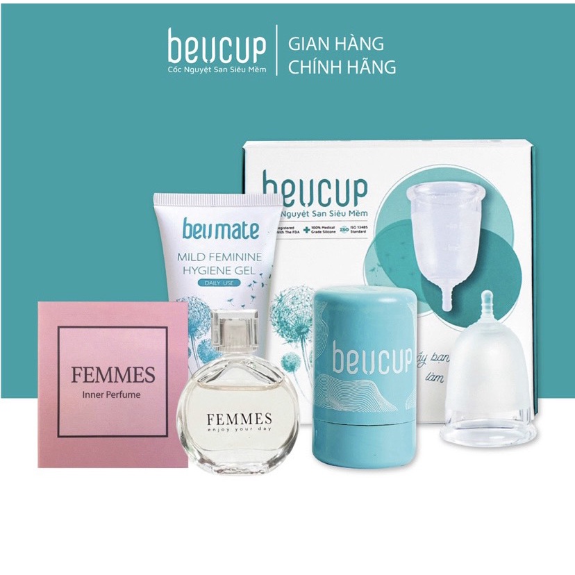 Bộ Cốc nguyệt san Silicone y tế BeuCup  tặng 1 nước hoa vùng kín Femmes