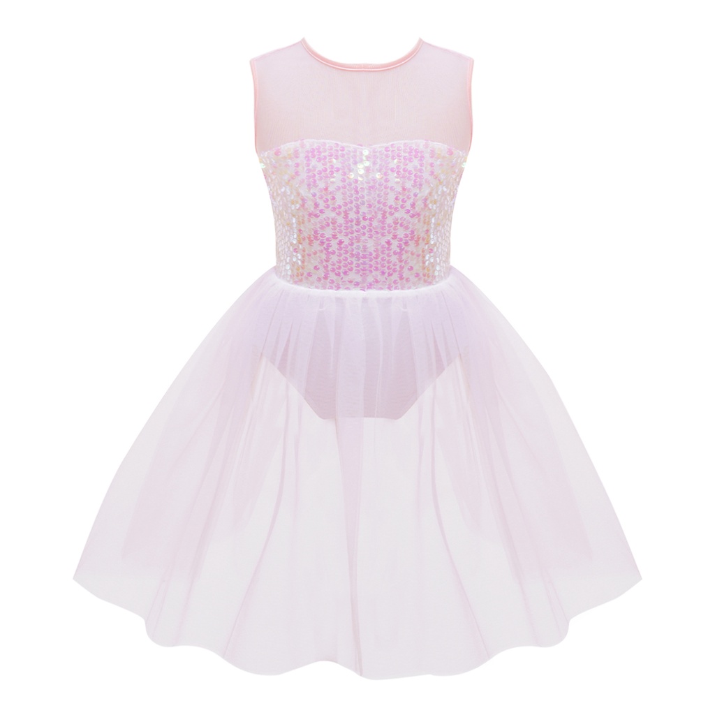 Trẻ Em Bé Gái Khiêu Vũ Leotard Đầm Cổ Tròn Không Tay Sáng Bóng Kim Sa Lấp Lánh Đính Đá Bodice Mở Lưng Lưới Đầm Khiêu Vũ