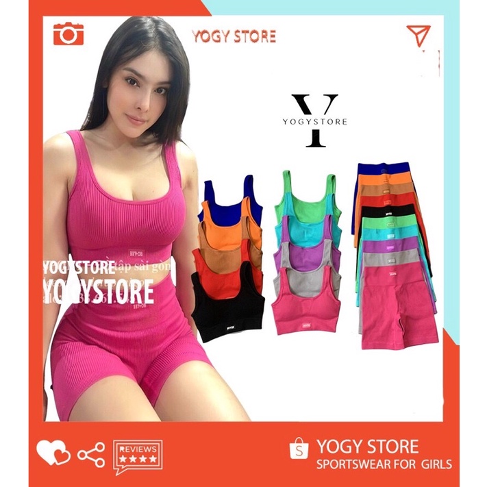 Bộ tập thể thao gym yoga Botee Ribbed đùi hai dây, chất dệt cao cấp, logo thêu mác dệt, form ôm eo nâng mông