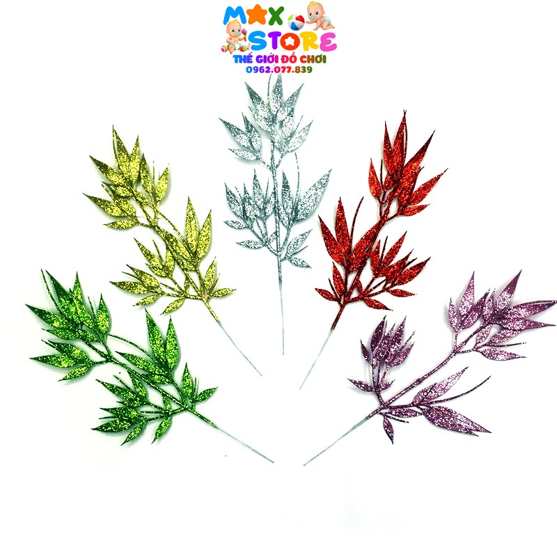 Cành Lá Me, Lá Tre, Đuôi Công, Lá Táo Phủ Kim Tuyến Trang Trí Oản Tài Lộc Ngày Lễ Tết ( 1 cành)