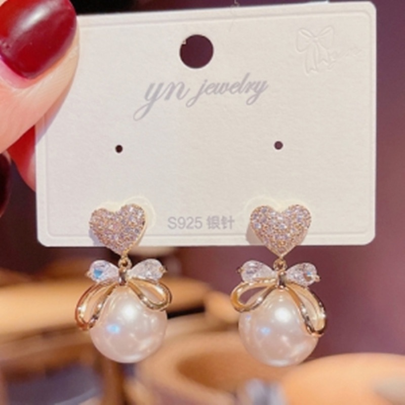 Bông Tai Mạ Bạc 925 Hình Nơ / Trái Tim Dát Đá Zircon Thời Trang Hàn Quốc