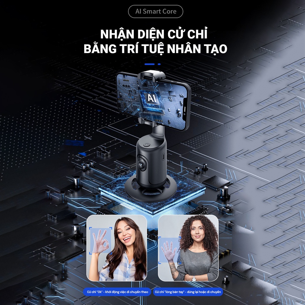 Gimbal theo dõi thông minh quay 360 độ, không cần liên kết app hay bluetooth - Gimbal AI TeTan P01