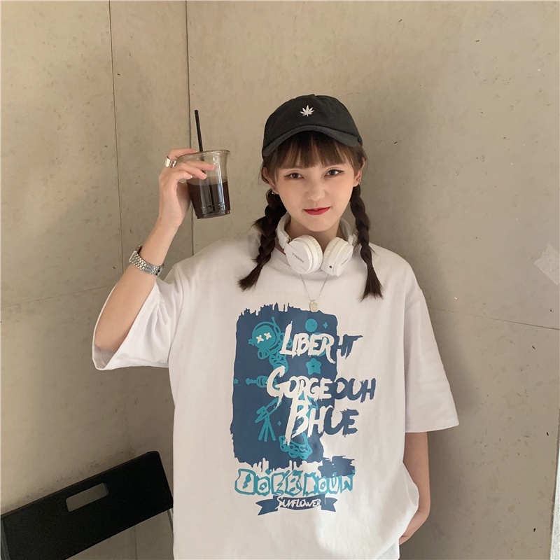 Áo Thun Ngắn Tay Dáng Rộng In Họa Tiết Xinh Xắn Theo Phong Cách Hàn Quốc