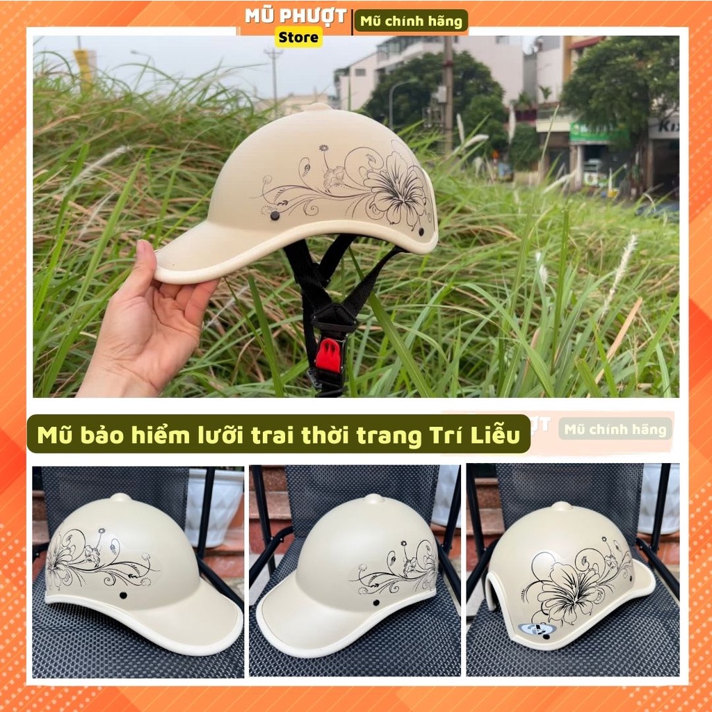 Mũ bảo hiểm nửa đầu lưỡi trai thời trang nam nữ trí liễu kem tem hoa cao cấp nhiều màu sắc