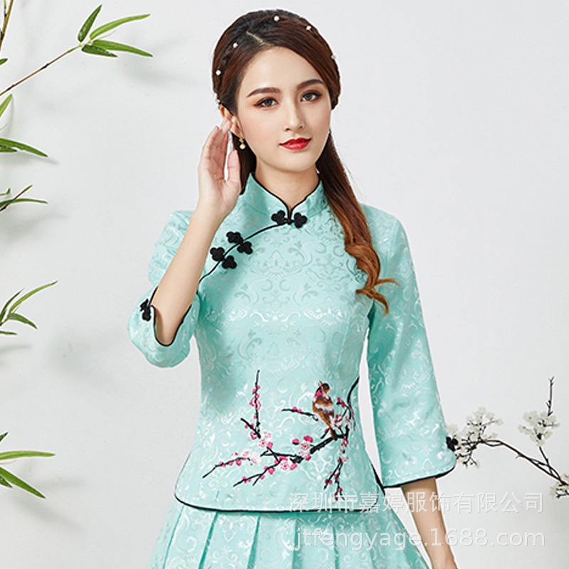 IELGY  Áo Thun Qipao Tay Dài Vừa Thêu Họa Tiết Màu Đỏ Phong Cách Trung Hoa Cổ Điển Thời Trang Cho Nữ