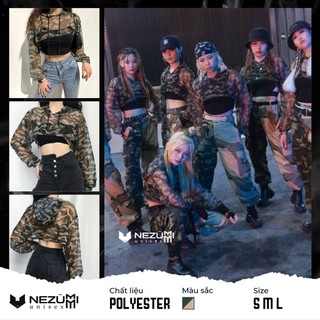 (Sẵn S M L) ÁO CROPTOP DÀI TAY REN LƯỚI CAMO CÓ MŨ, O TẬP NHẢY DANCE