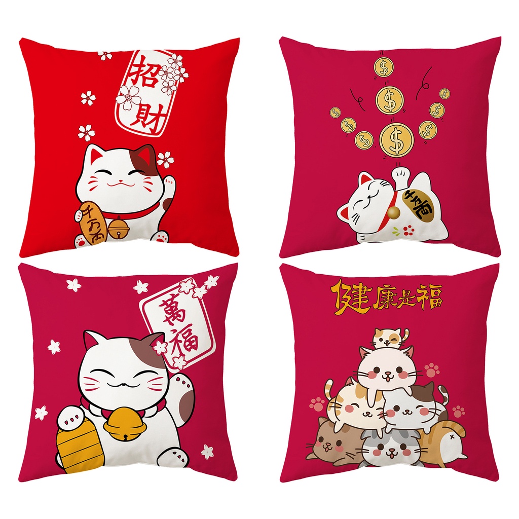 Vỏ GốI In HìNh MèO May MắN Đỏ 70X70.60X60.50X50.45X45.40X40Vỏ Gối Hình Vuông Trang Trí Lễ Hội Mùa Xuân